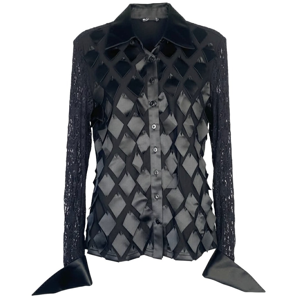 Samuel‎ Dong Blouse Women's Black Lace Long Sleeve Button Up geometric 3D gothic